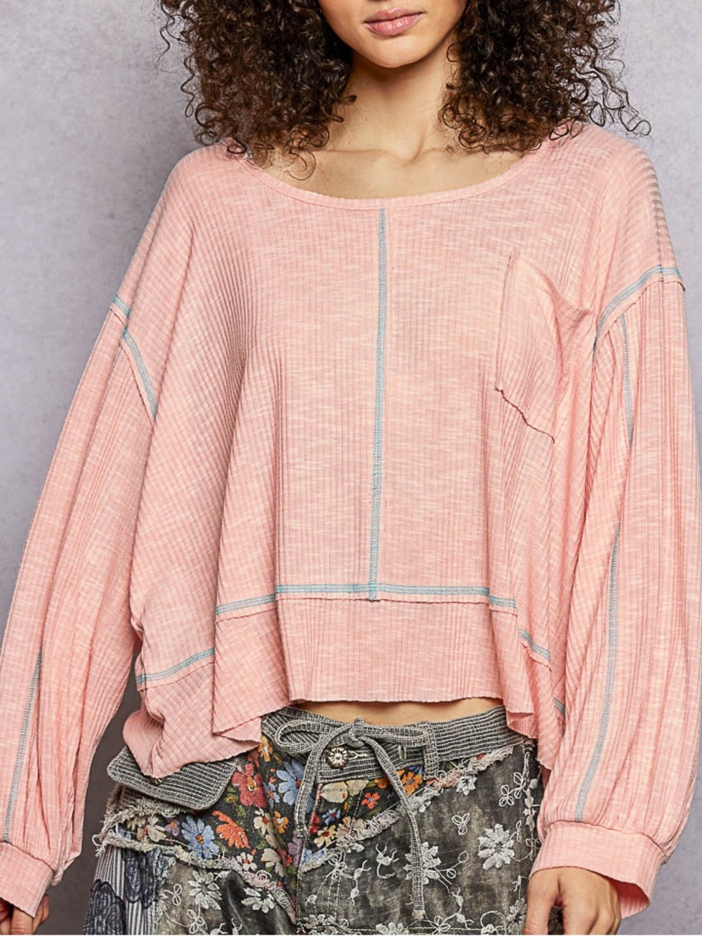 EUC🩷POL Contrast Stitch Long Sleeve Top small Oversized Blush Pink